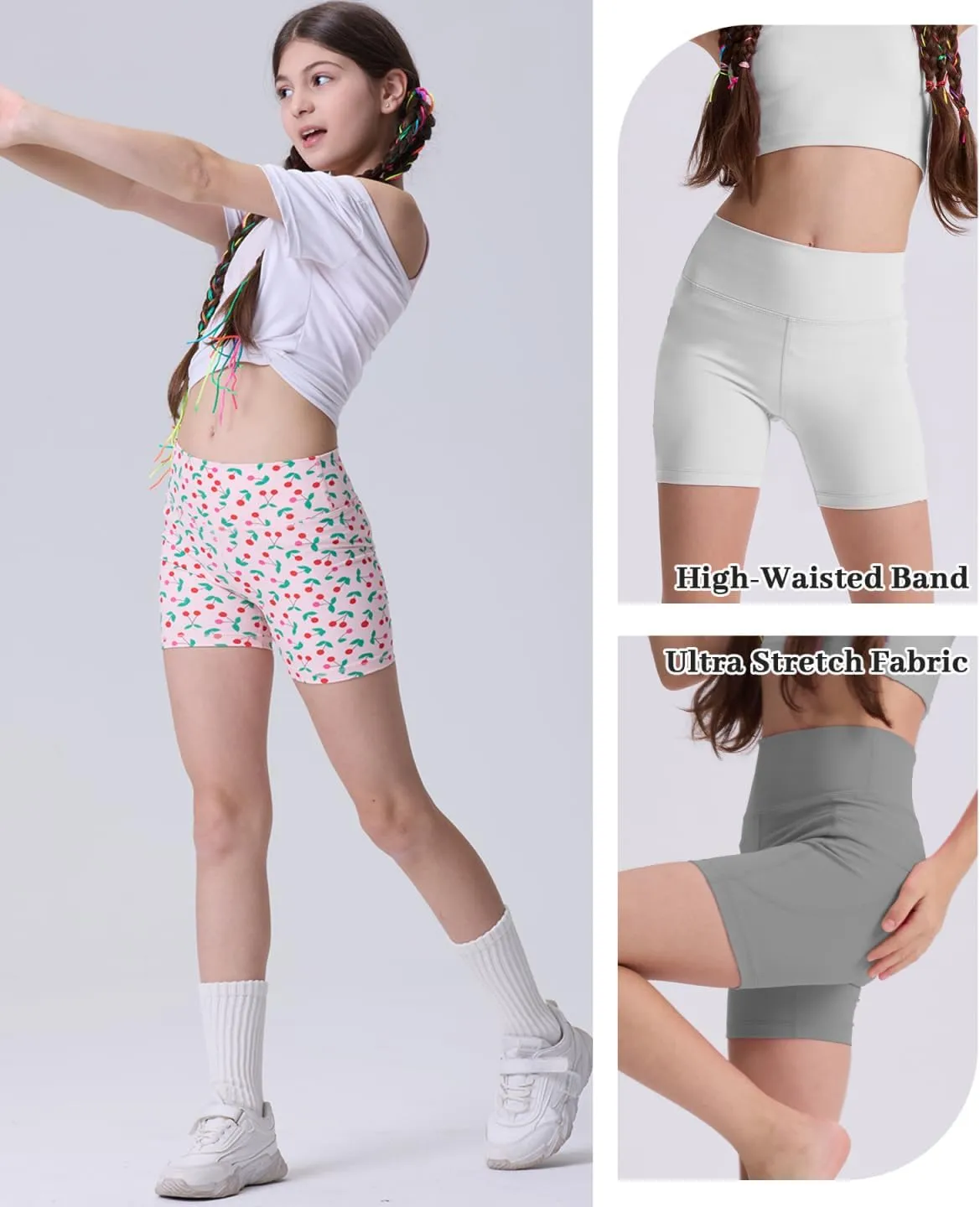 3 Pack Girls 4'' High Waisted Black Biker Shorts, Athletic Running Yoga Shorts for Kids Teen