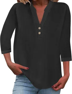 3/4 Sleeve Linen Tops for Women 2024 Loose Fit V Neck Button Down Henley Shirts Cute Solid Summer Beach Tee Shirts