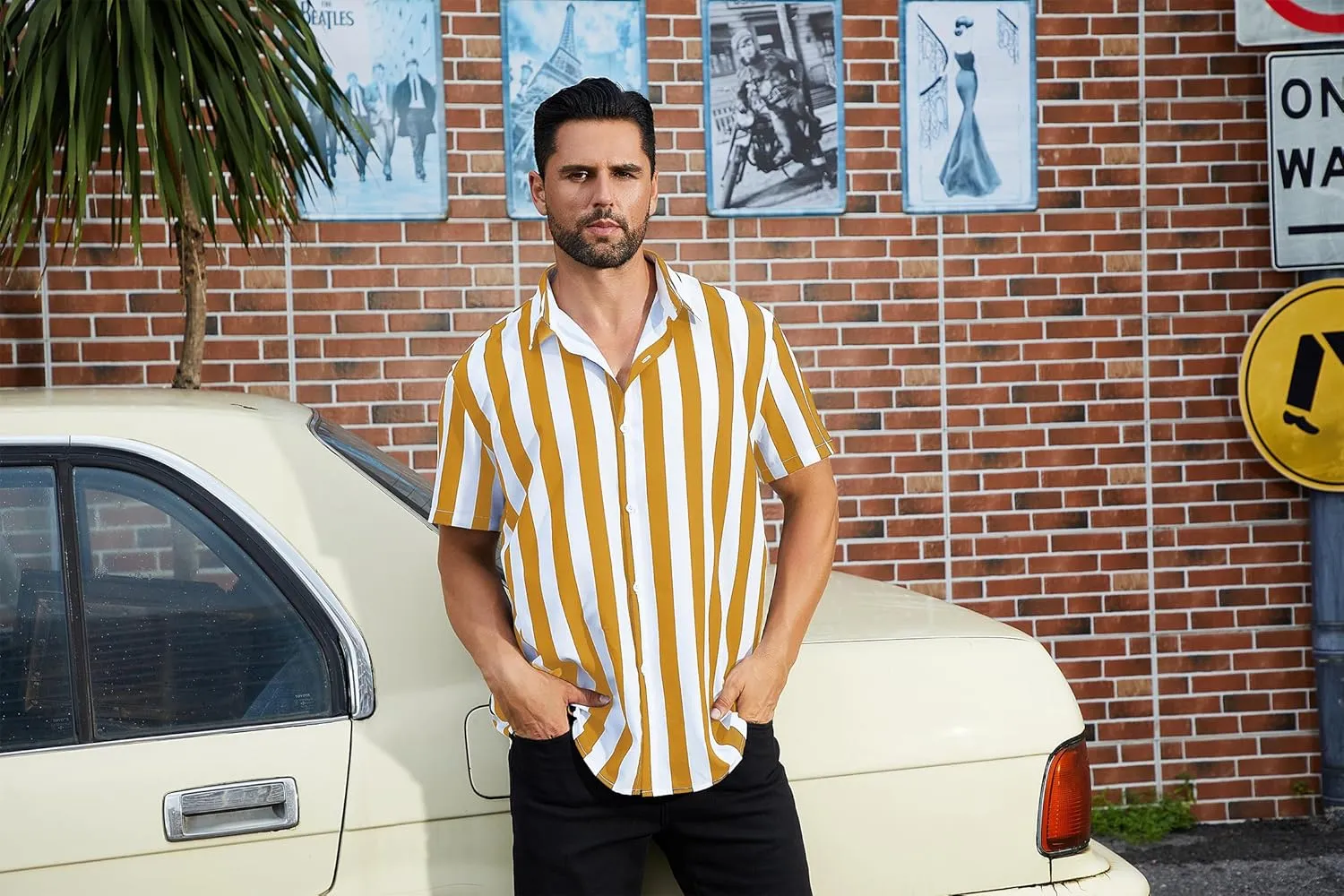 ABAFIP Men's Casual Striped Button Down Short Sleeve Shirt Summer Beach Hawaiian Button up Dress Shirts
