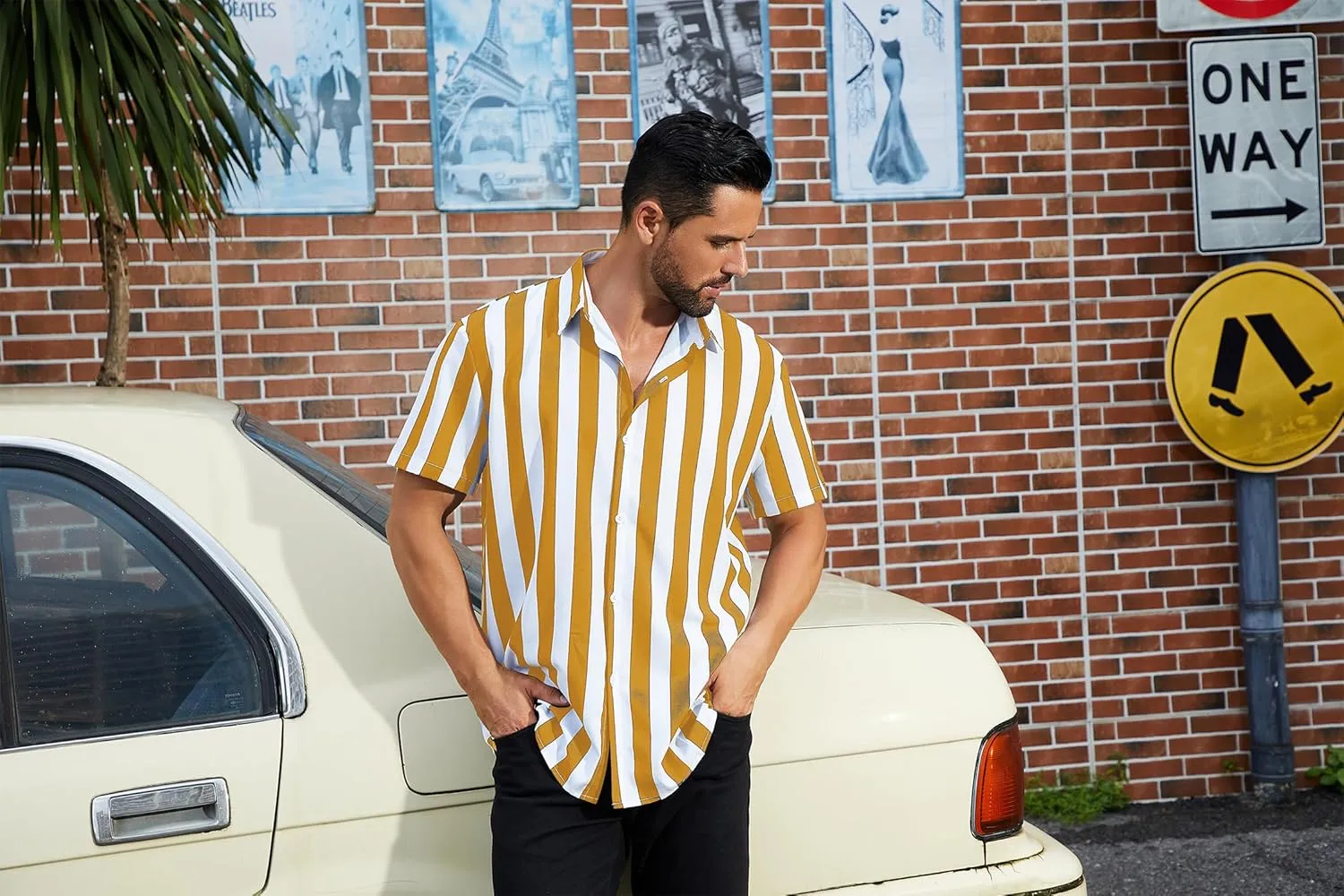 ABAFIP Men's Casual Striped Button Down Short Sleeve Shirt Summer Beach Hawaiian Button up Dress Shirts