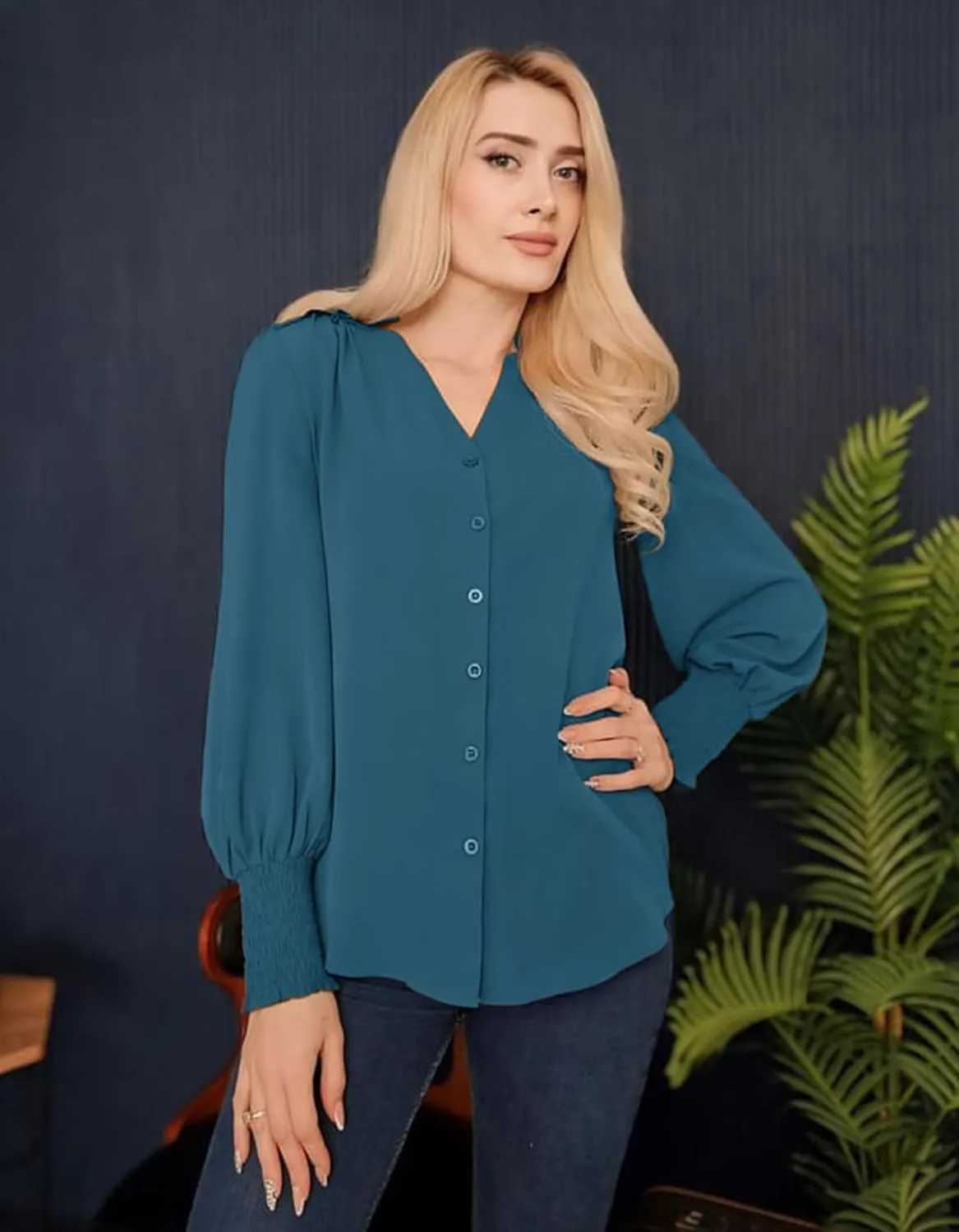 Aifer Womens Blouse Lantern Long Sleeve Dressy Casual Tops V Neck Button Down Shirts Blouses 2025