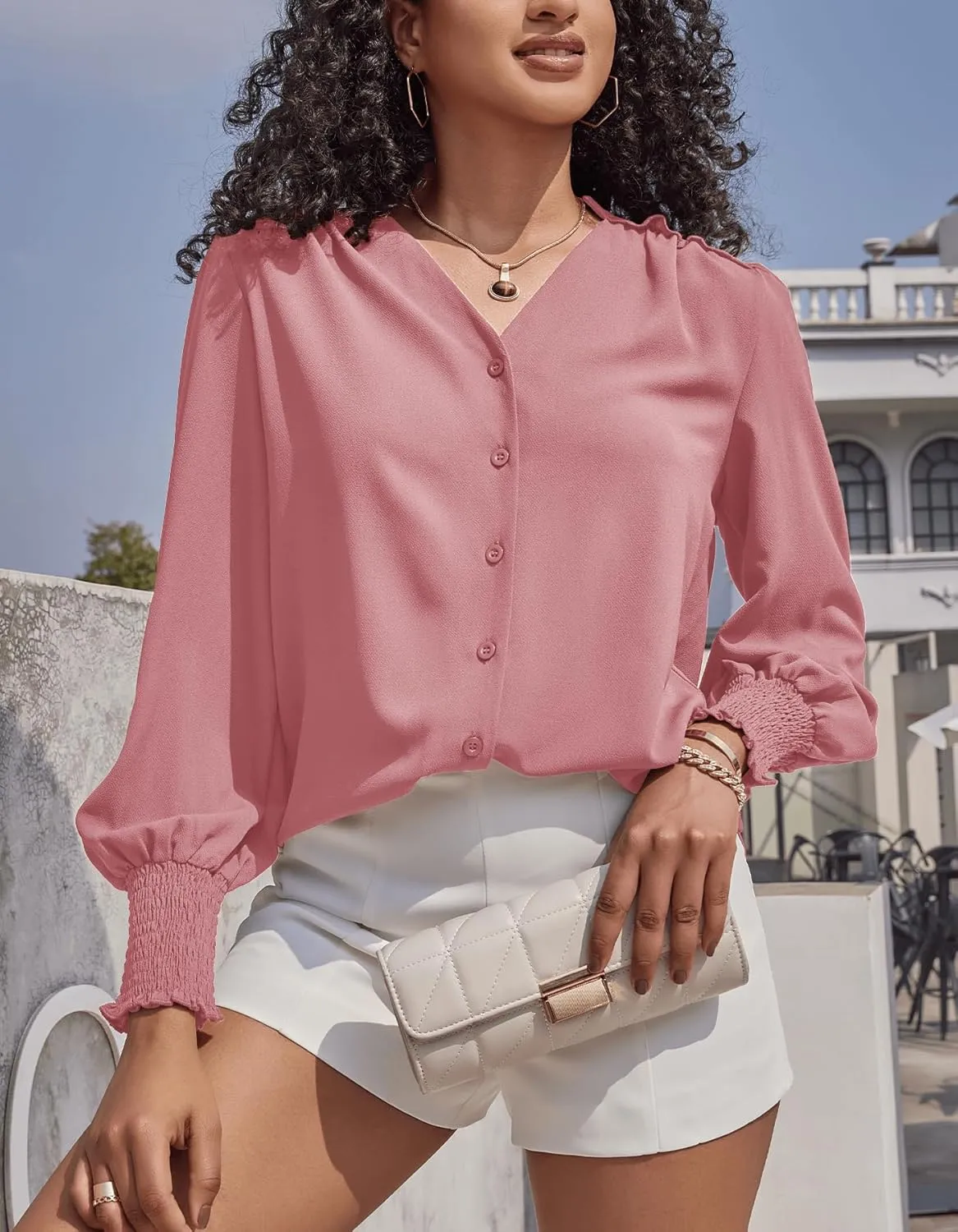 Aifer Womens Blouse Lantern Long Sleeve Dressy Casual Tops V Neck Button Down Shirts Blouses 2025