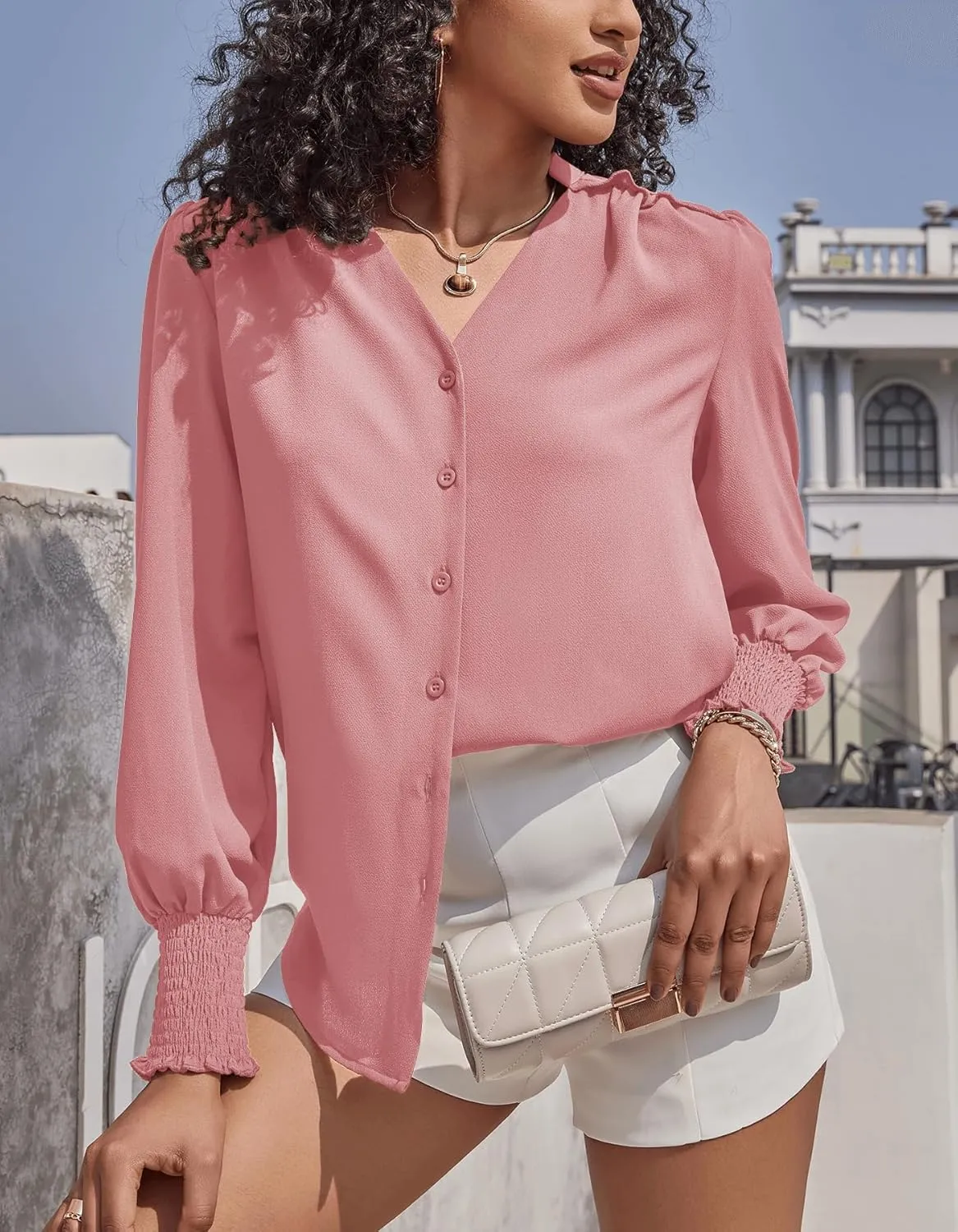 Aifer Womens Blouse Lantern Long Sleeve Dressy Casual Tops V Neck Button Down Shirts Blouses 2025