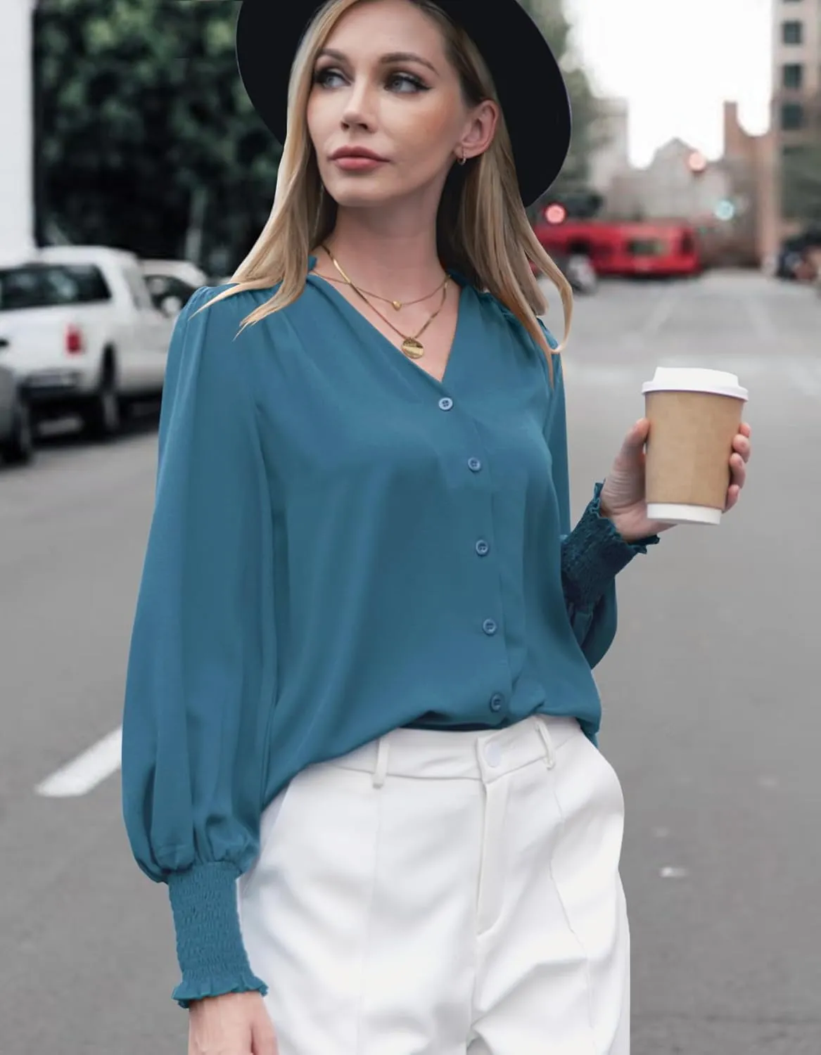 Aifer Womens Blouse Lantern Long Sleeve Dressy Casual Tops V Neck Button Down Shirts Blouses 2025