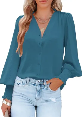 Aifer Womens Blouse Lantern Long Sleeve Dressy Casual Tops V Neck Button Down Shirts Blouses 2025