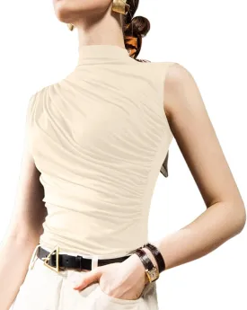 Avanova Women Fitted Sleeveless Ruched Tank Top Shirt Mock Turtleneck Blouses