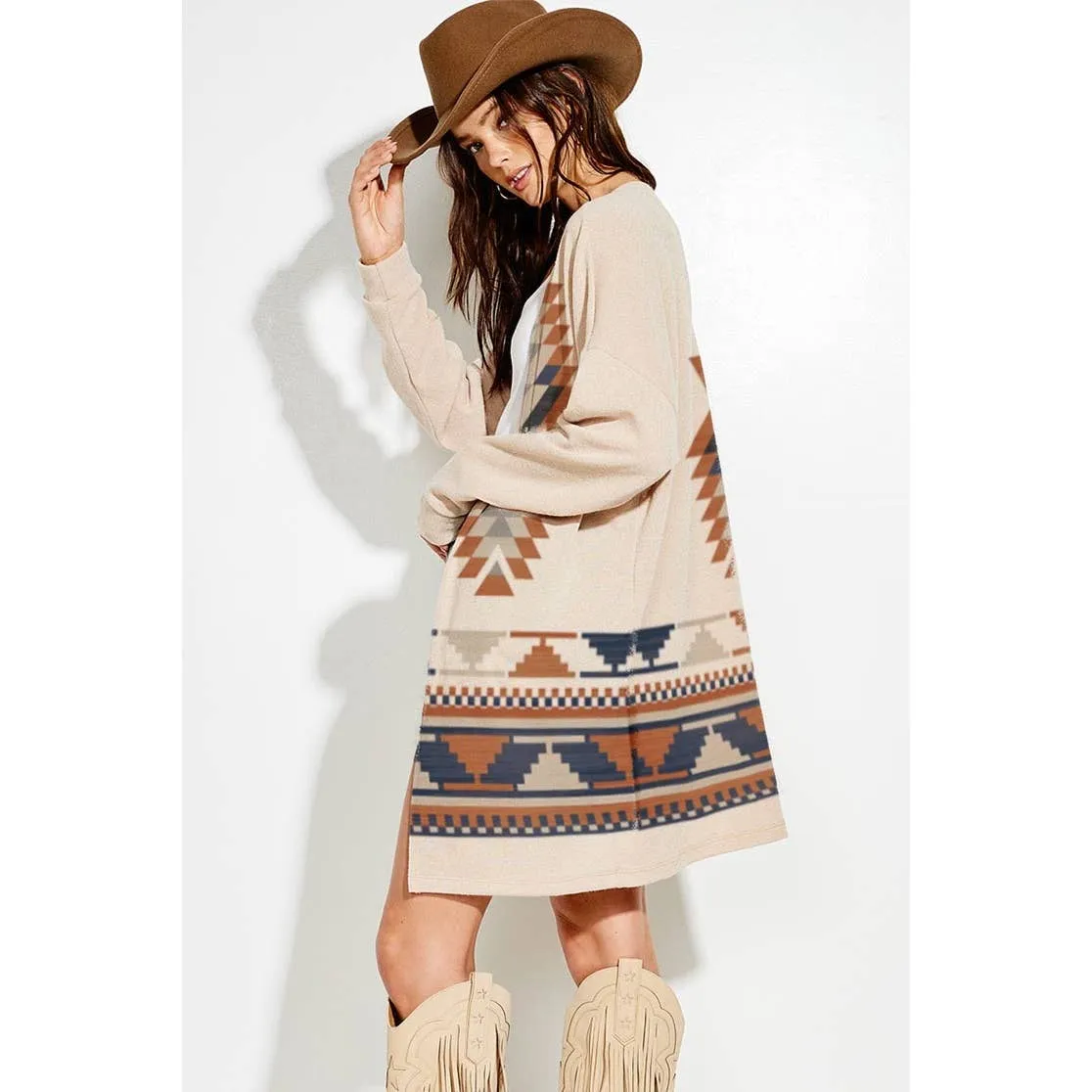 Aztec Print Loose Fit Long Sleeve Knit Cardigan