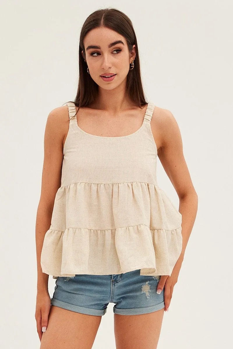 Beige Tiered Top Sleeveless Scoop Neck Linen Blend
