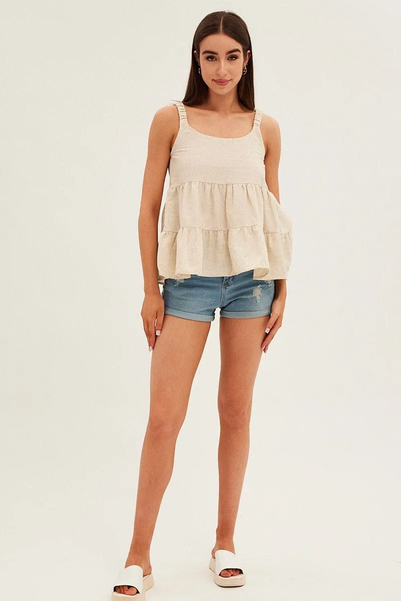 Beige Tiered Top Sleeveless Scoop Neck Linen Blend