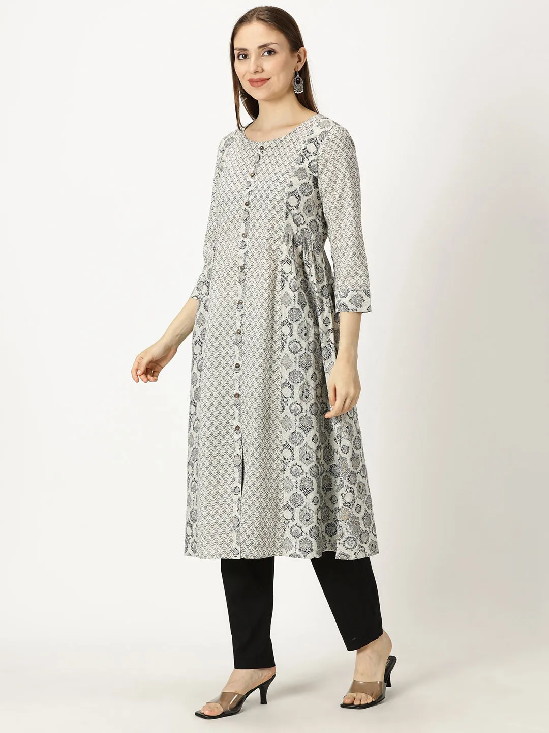 Black and White Cotton Printed Panelled Kurta