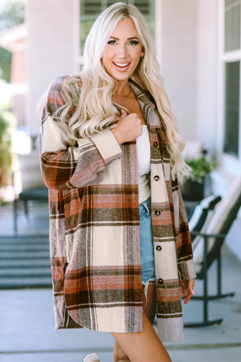 Brown, Cream and Gray Plaid Shirt Jacket
