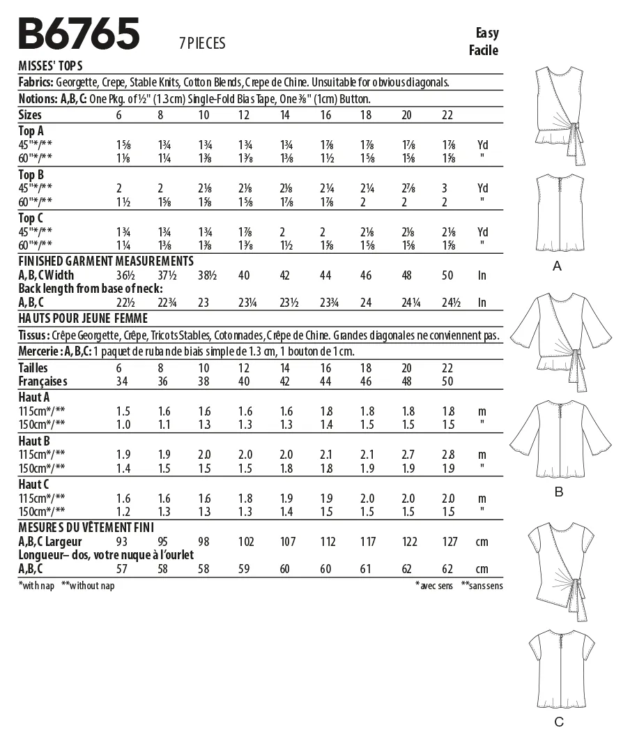 Butterick sewing pattern 6765 Misses' Tops