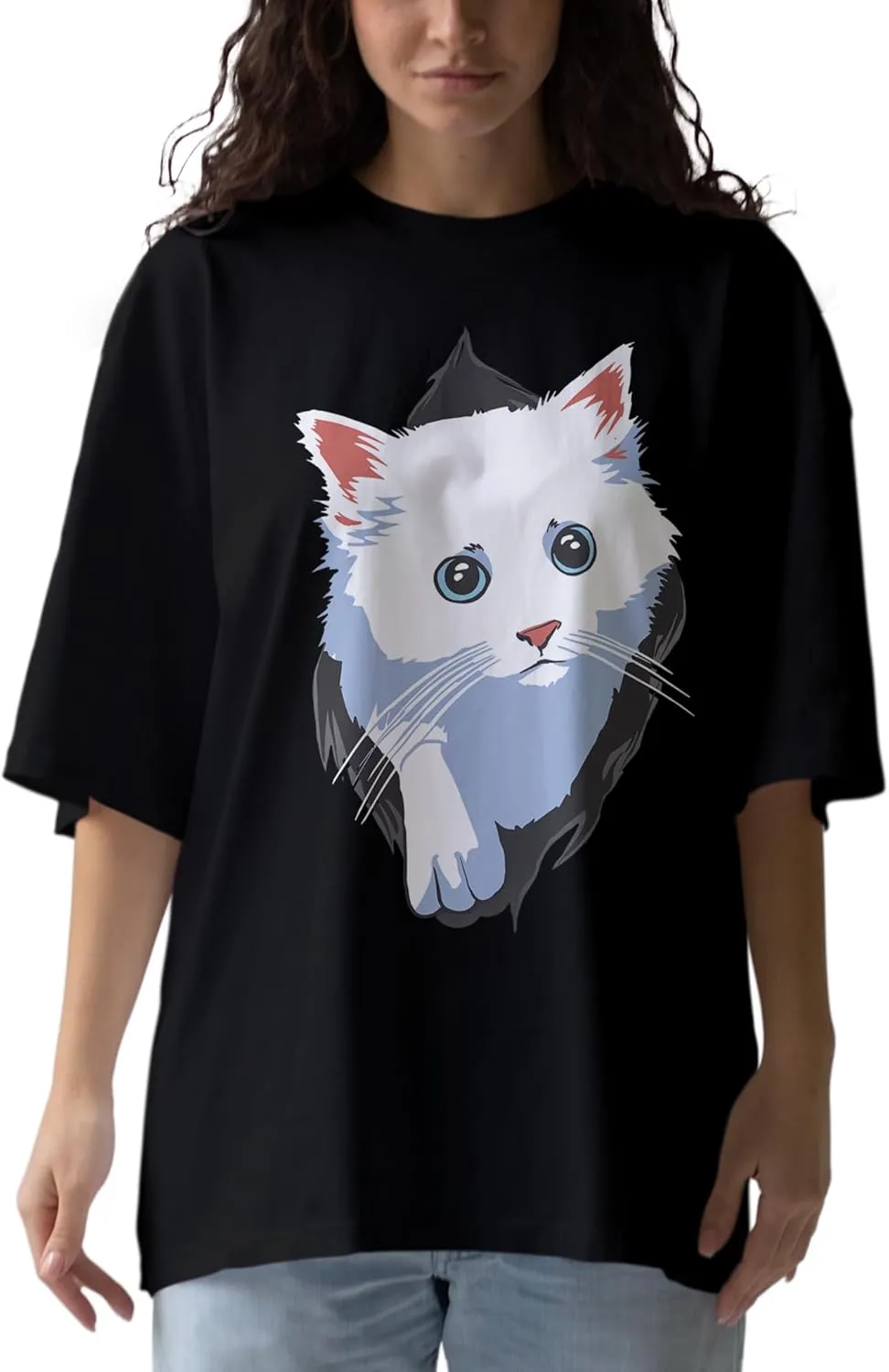 Cat Lover Anime Oversized T-Shirts for Women, 100% Cotton T-Shirts, Perfect for Casual Wear & Gifting | WB.6.44