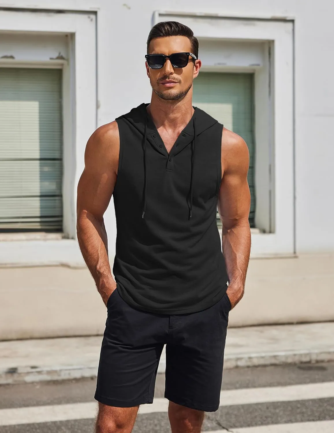 COOFANDY Men's Workout Hooded Tank Tops Sleeveless Gym Hoodies Cotton Muscle Cut Off Shirt Bodybuilding Henley Shirts