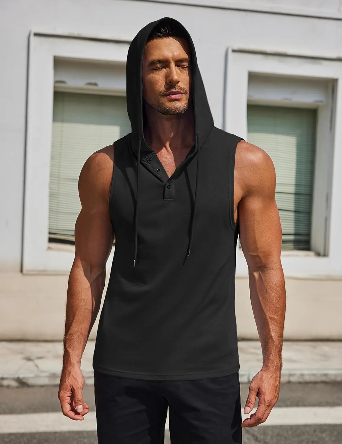 COOFANDY Men's Workout Hooded Tank Tops Sleeveless Gym Hoodies Cotton Muscle Cut Off Shirt Bodybuilding Henley Shirts