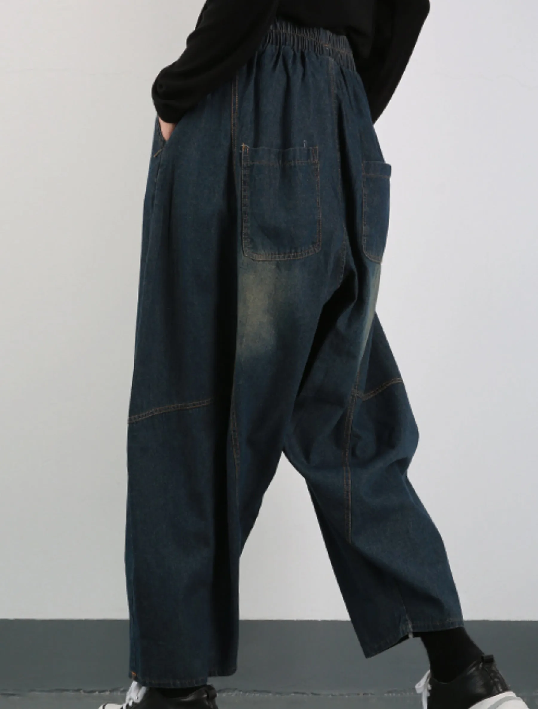 ellazhu Women's Harem Cropped Pants Denim Baggy Patchwork Elastic Waist Pull-on Jeans GY2793