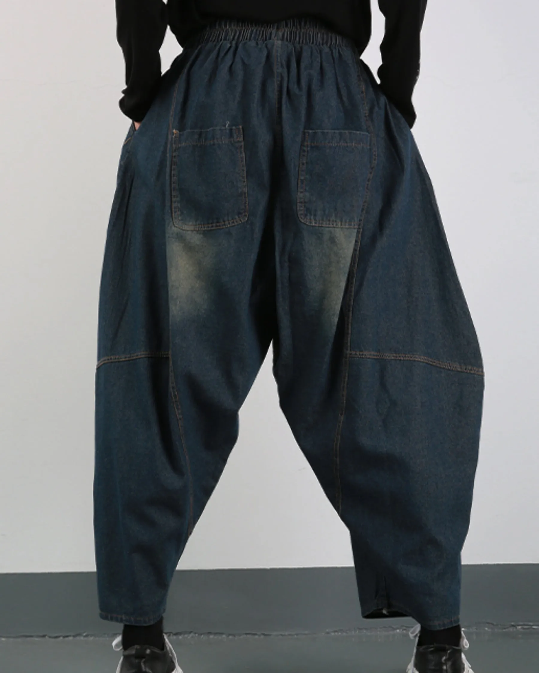 ellazhu Women's Harem Cropped Pants Denim Baggy Patchwork Elastic Waist Pull-on Jeans GY2793