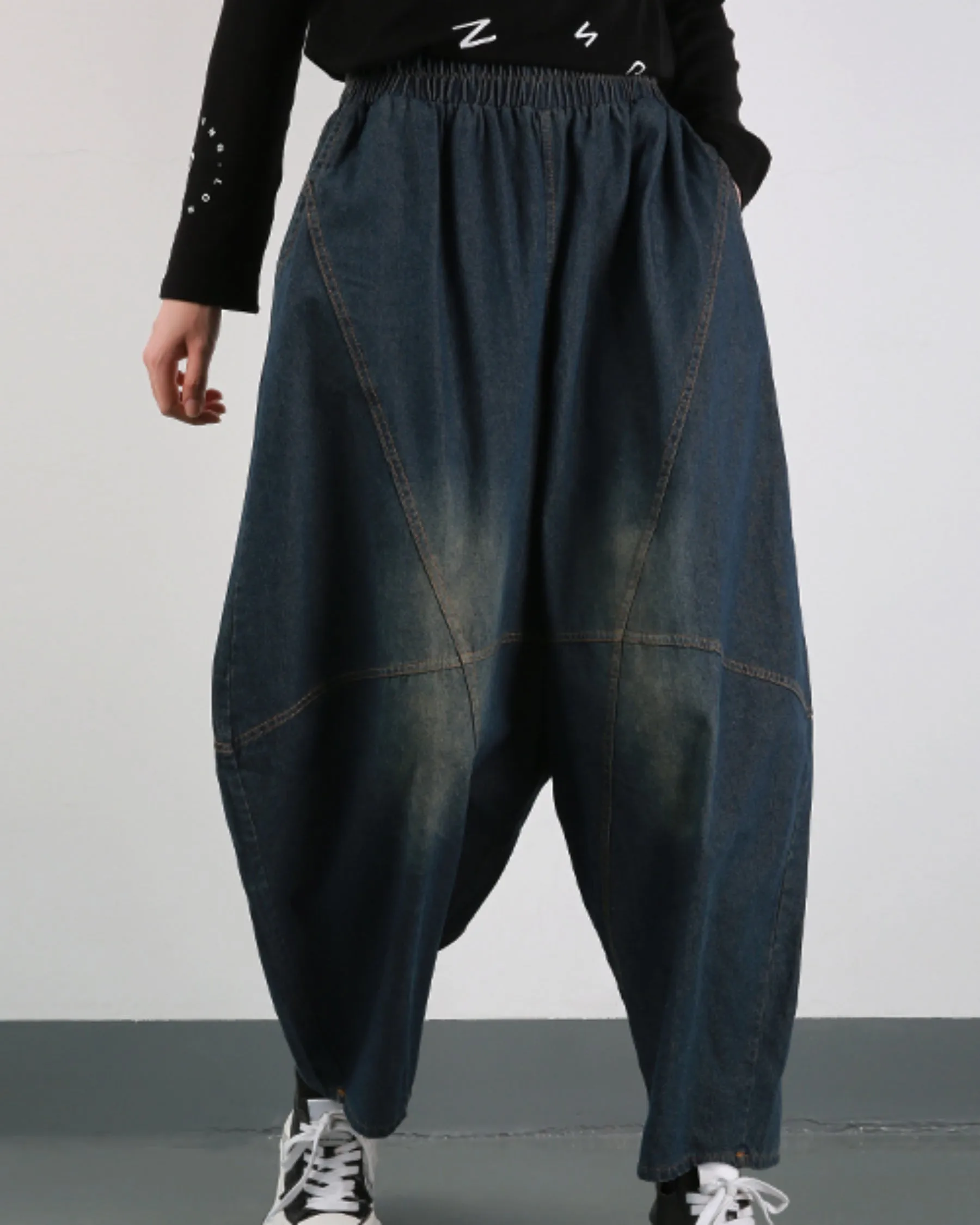 ellazhu Women's Harem Cropped Pants Denim Baggy Patchwork Elastic Waist Pull-on Jeans GY2793