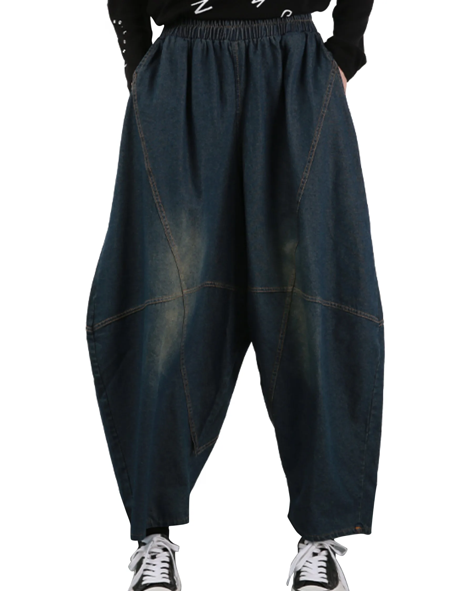 ellazhu Women's Harem Cropped Pants Denim Baggy Patchwork Elastic Waist Pull-on Jeans GY2793