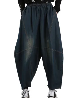 ellazhu Women's Harem Cropped Pants Denim Baggy Patchwork Elastic Waist Pull-on Jeans GY2793
