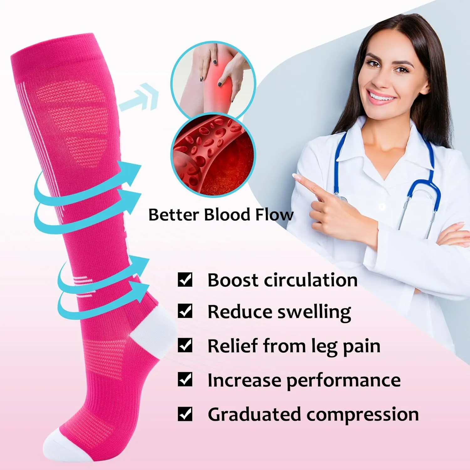 fenglaoda Compression Socks Women Men 4 Pairs, Knee High Support Socks for Running, Sports, Travel, Flight, Nurse