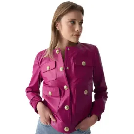 Fuchsia Leather Jacket for Women – Stylish Studded Closure
