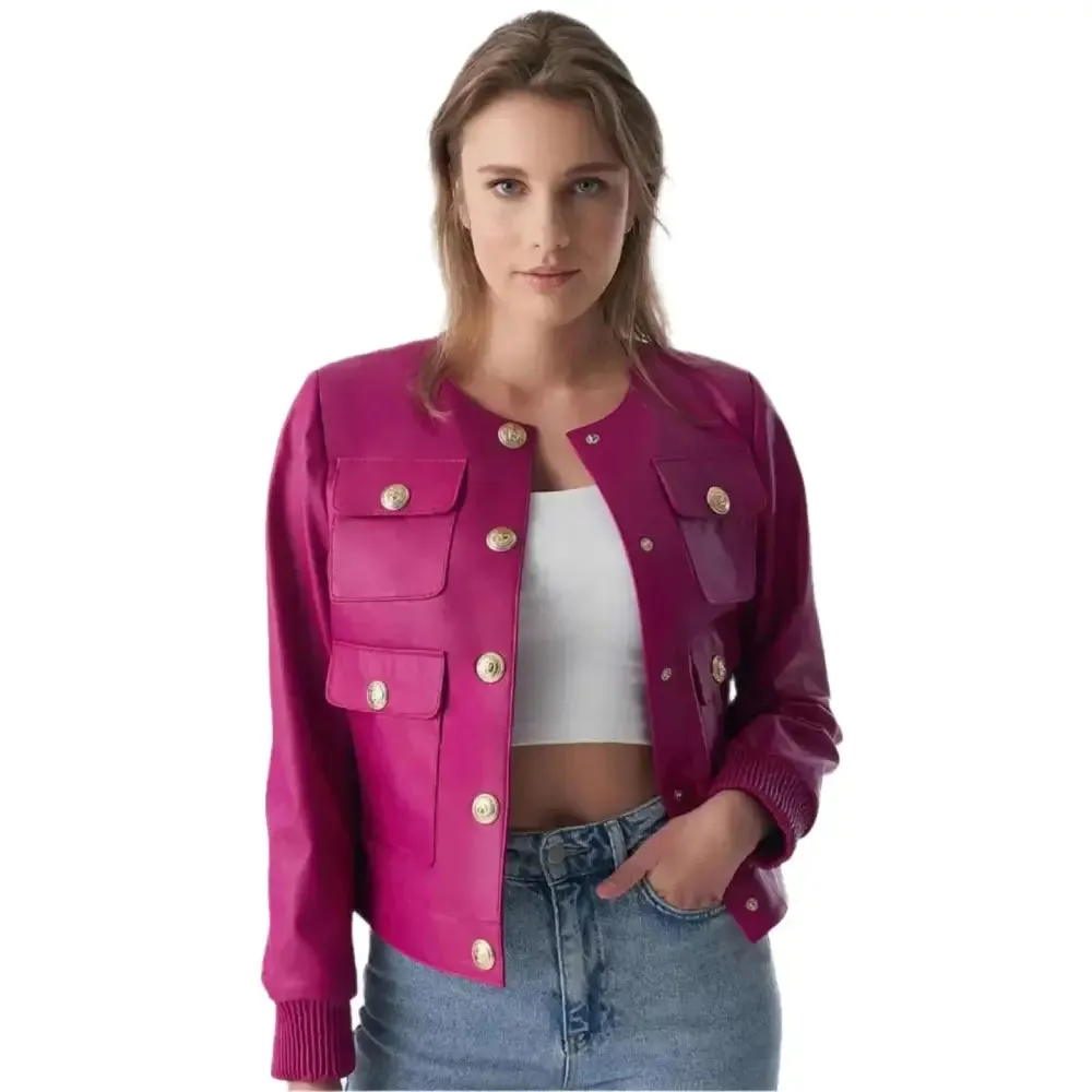 Fuchsia Leather Jacket for Women – Stylish Studded Closure