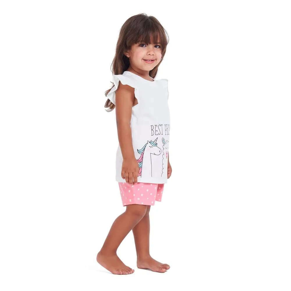 Girls summer pajama set Best friend t-shirt   Pink dotted shorts