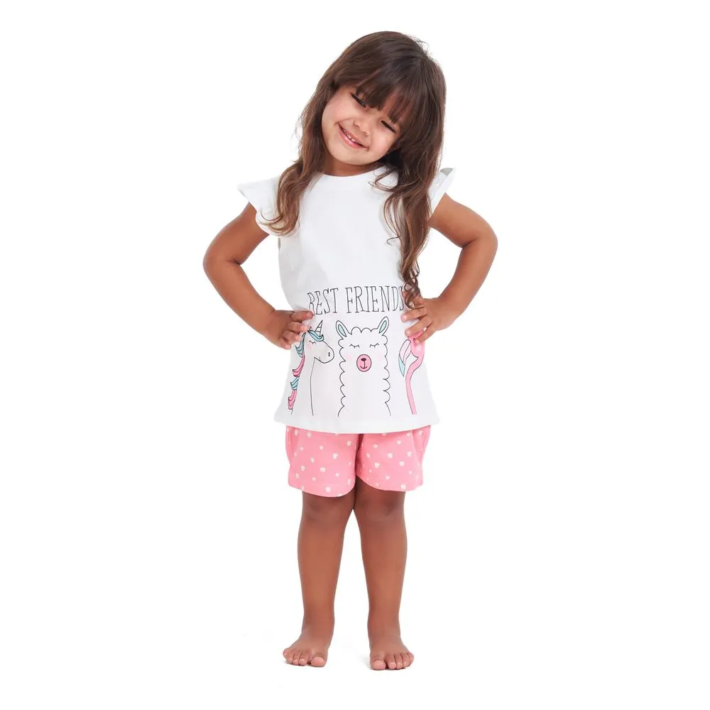 Girls summer pajama set Best friend t-shirt   Pink dotted shorts