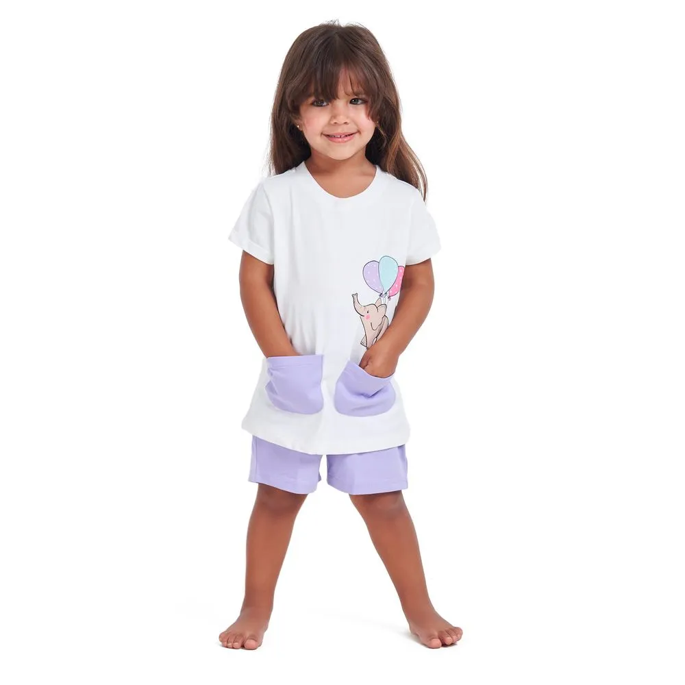 Girls summer pajama set Elephant t-shirt   Purple shorts