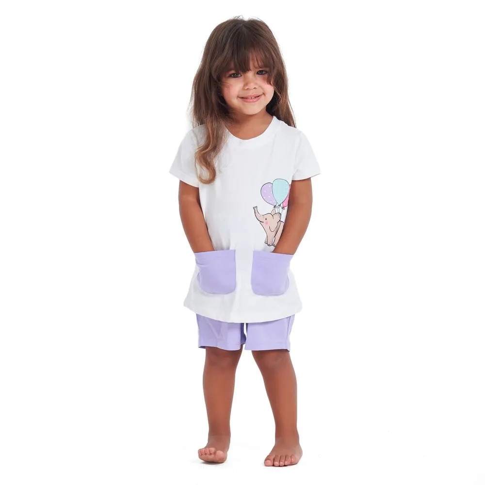 Girls summer pajama set Elephant t-shirt   Purple shorts