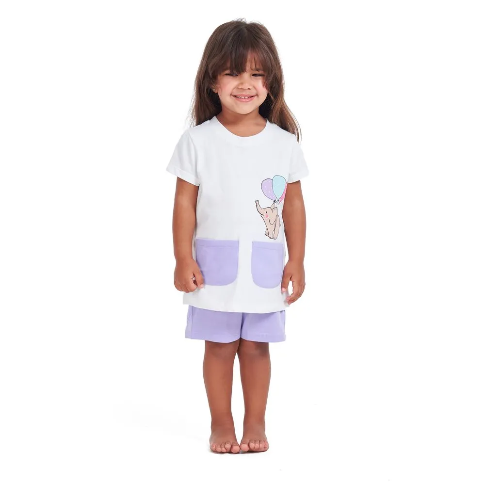Girls summer pajama set Elephant t-shirt   Purple shorts