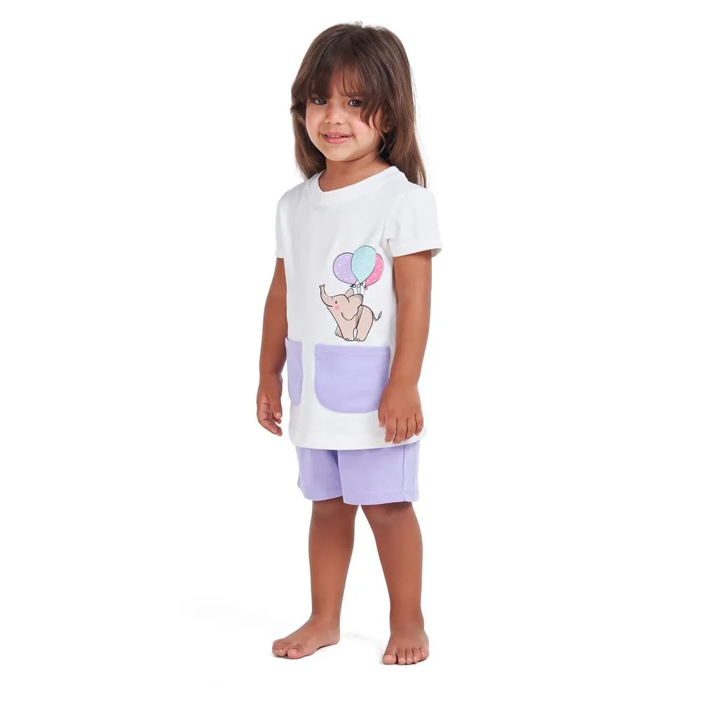 Girls summer pajama set Elephant t-shirt   Purple shorts