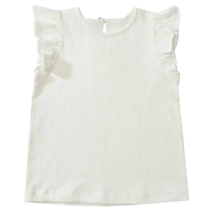 Girls Tops | Eddie Frill Top- White | Dotty Dungarees
