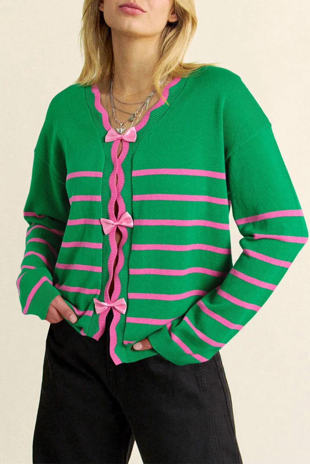 Glinda Green Stripe Ribbon Cute Bow Detail Sweater Knit Cardigan
