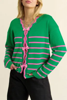 Glinda Green Stripe Ribbon Cute Bow Detail Sweater Knit Cardigan