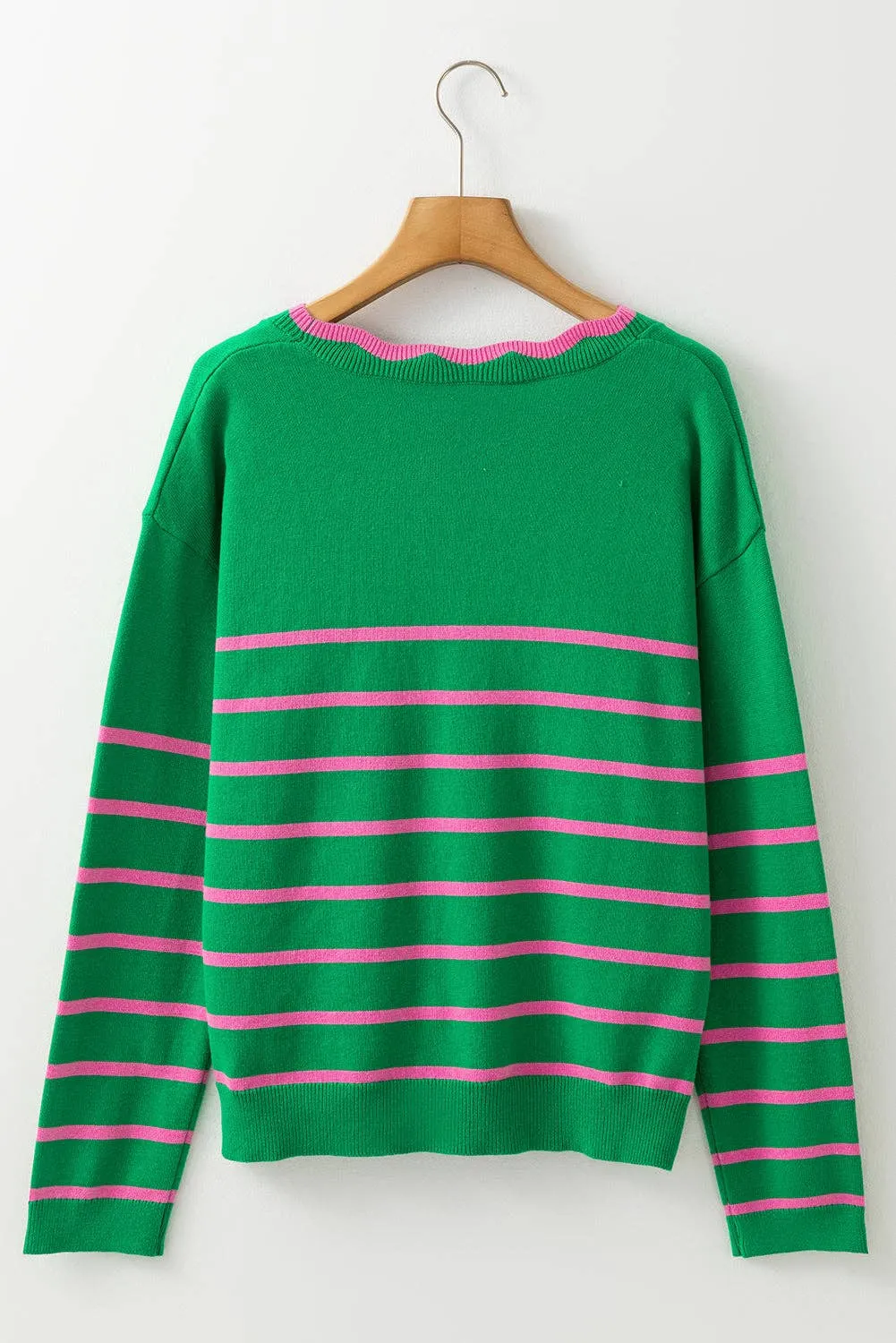 Glinda Green Stripe Ribbon Cute Bow Detail Sweater Knit Cardigan