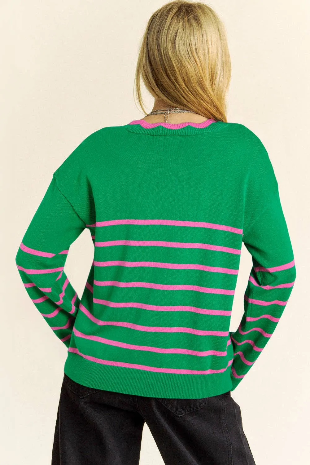 Glinda Green Stripe Ribbon Cute Bow Detail Sweater Knit Cardigan