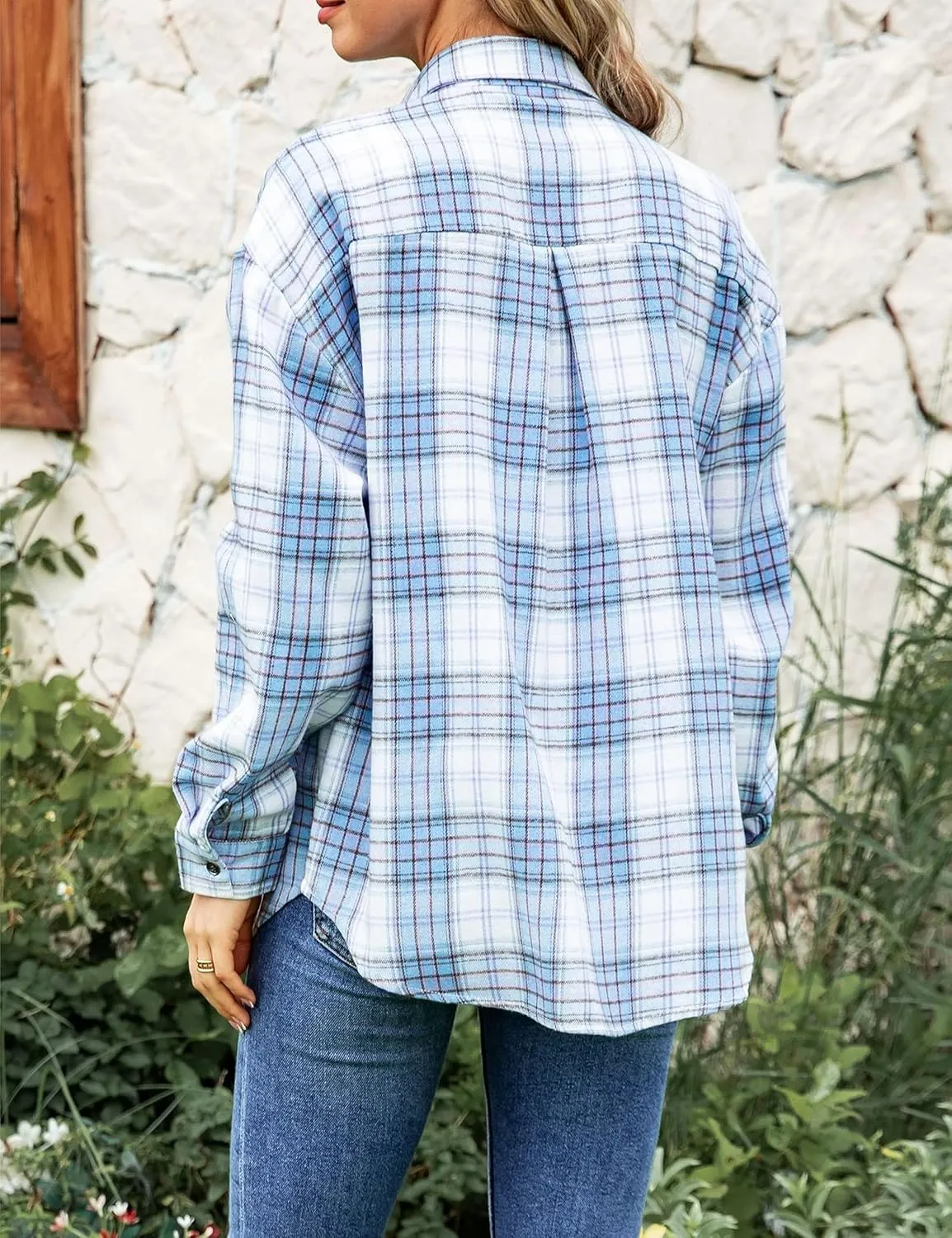 HangNiFang Womens Flannel Plaid Shirts Oversized Lightweight Button Down Shirts Blouse