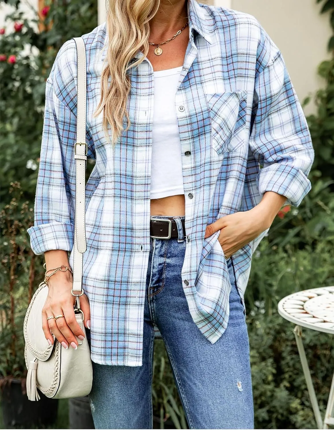 HangNiFang Womens Flannel Plaid Shirts Oversized Lightweight Button Down Shirts Blouse