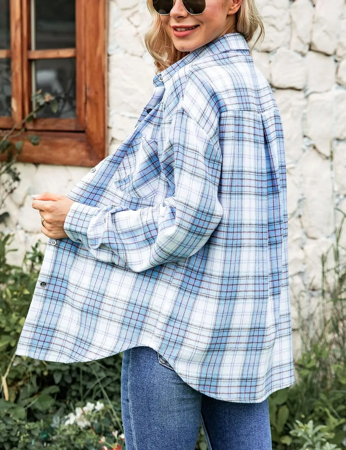 HangNiFang Womens Flannel Plaid Shirts Oversized Lightweight Button Down Shirts Blouse