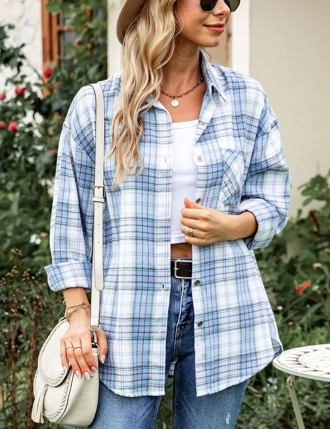 HangNiFang Womens Flannel Plaid Shirts Oversized Lightweight Button Down Shirts Blouse