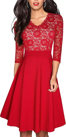 HOMEYEE Women's Chic V-Neck Lace Patchwork Flare Party Dress A062
