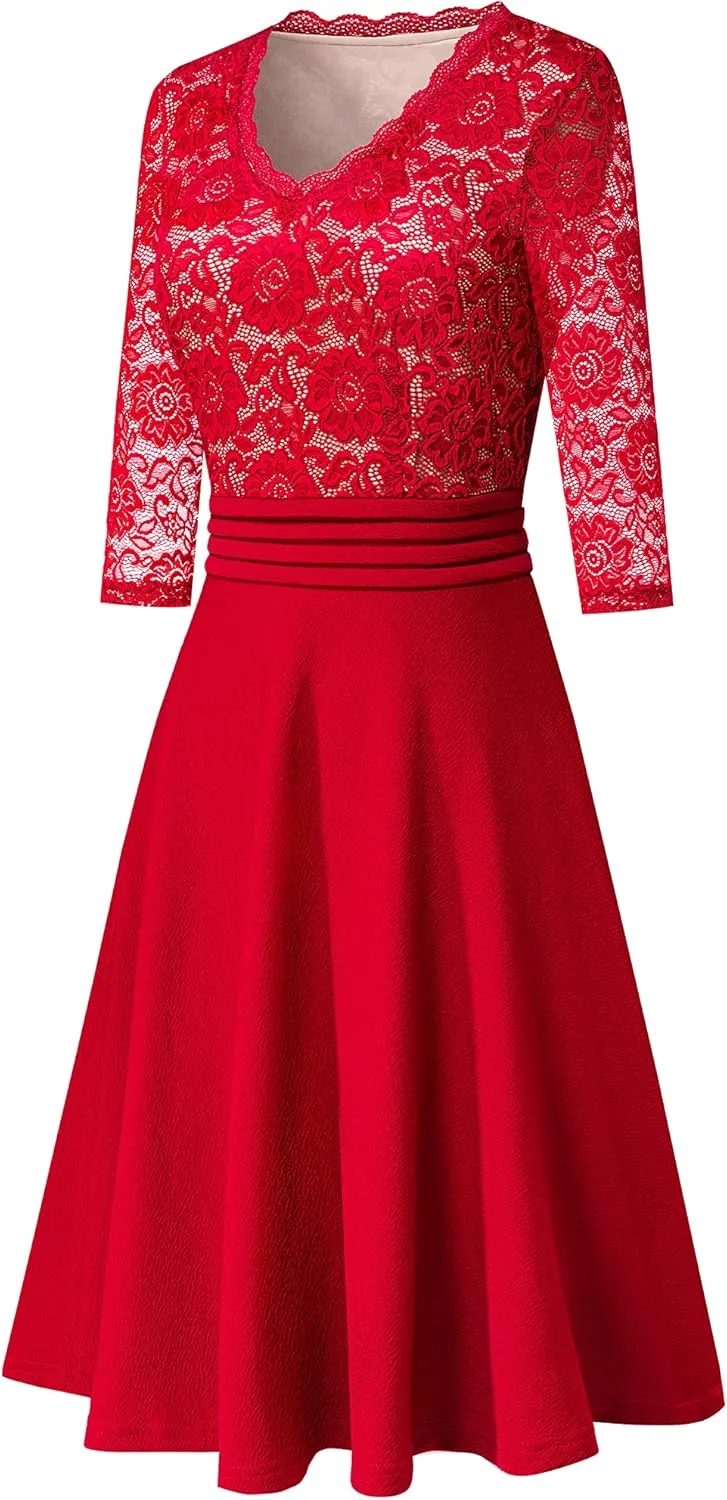 HOMEYEE Women's Chic V-Neck Lace Patchwork Flare Party Dress A062