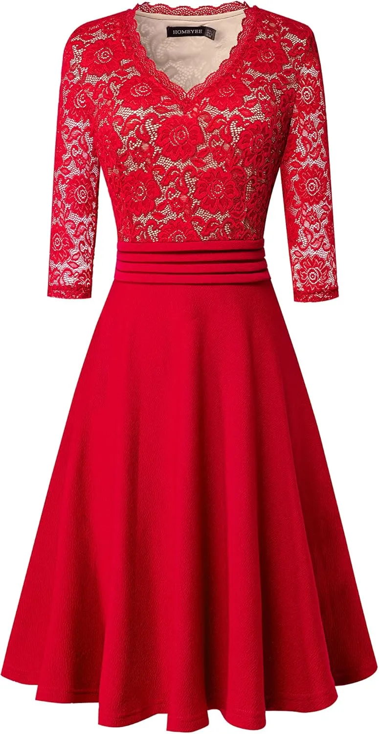 HOMEYEE Women's Chic V-Neck Lace Patchwork Flare Party Dress A062