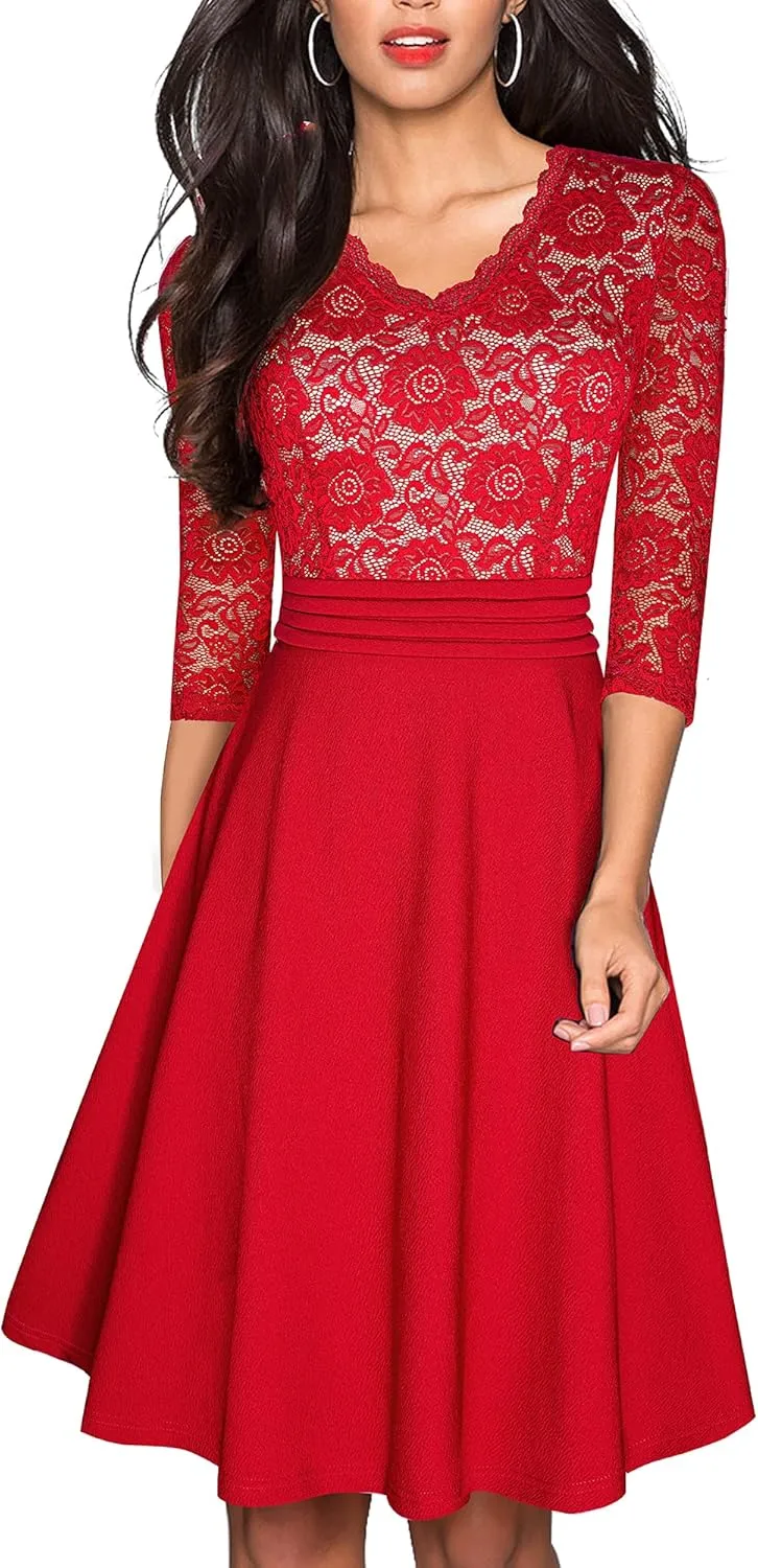 HOMEYEE Women's Chic V-Neck Lace Patchwork Flare Party Dress A062
