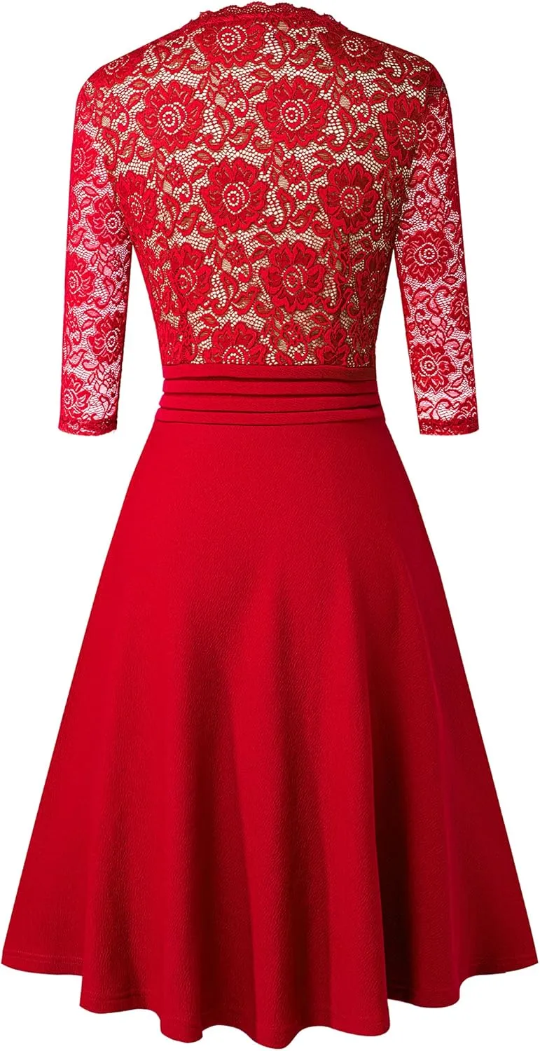 HOMEYEE Women's Chic V-Neck Lace Patchwork Flare Party Dress A062