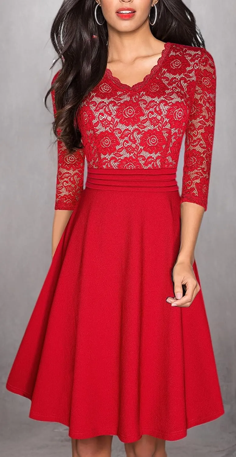 HOMEYEE Women's Chic V-Neck Lace Patchwork Flare Party Dress A062