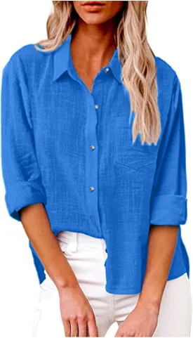 HXHYQKP Summer Tops for Women 2025 Button Down Shirt Cotton Linen Shirt Long Sleeve Solid Color Shirts with Pockets