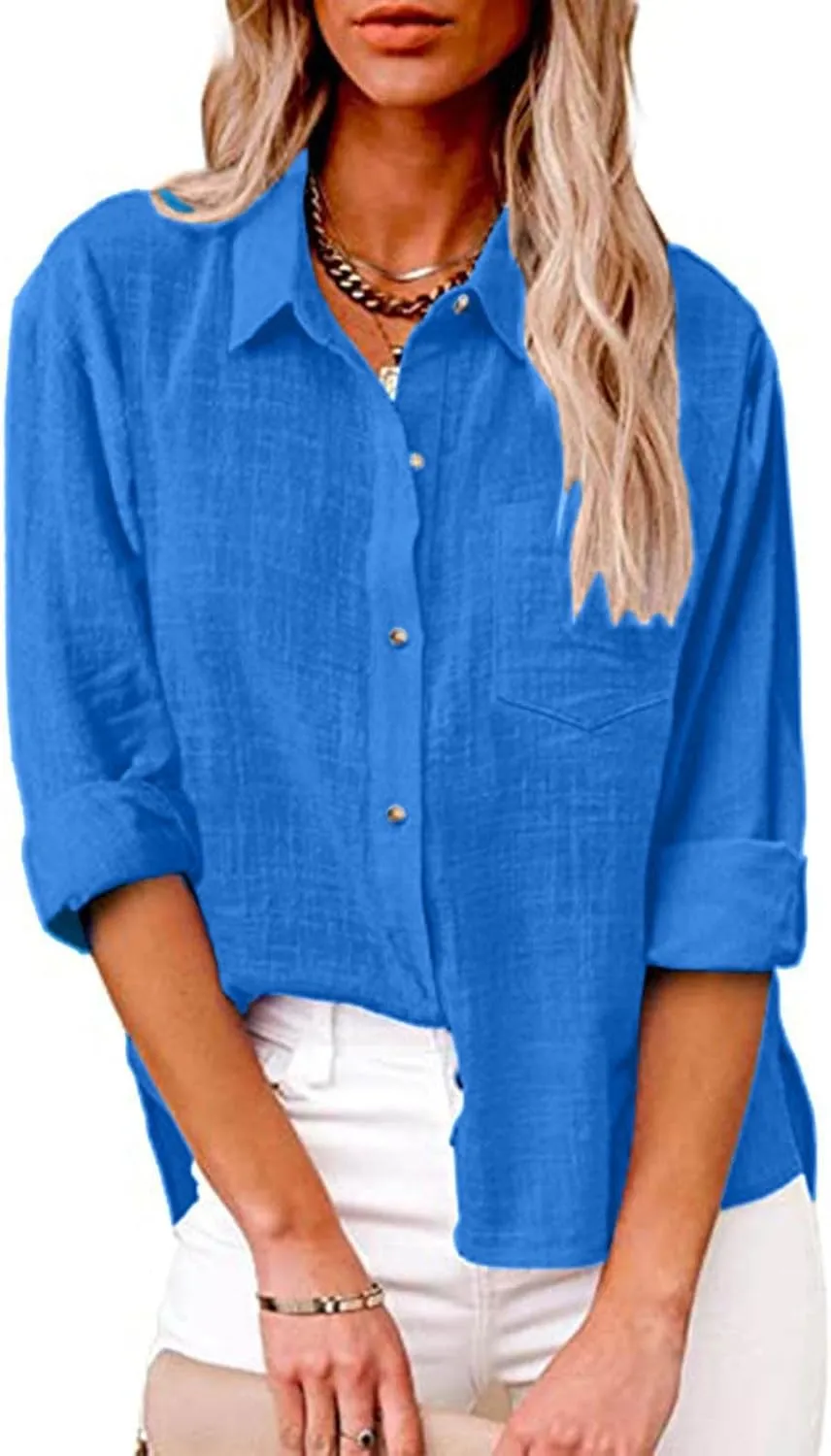 HXHYQKP Summer Tops for Women 2025 Button Down Shirt Cotton Linen Shirt Long Sleeve Solid Color Shirts with Pockets